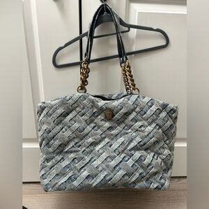 Kurt Geiger Large Quilted Woven Denim Zip Top Shopper Tote Chain Handles Cotton